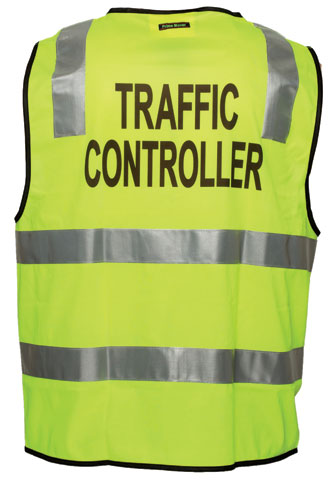 Vest – Polyester TRAFFIC CONTROLLER Print Prime Mover Zip Front Taped HI  VIS D/N