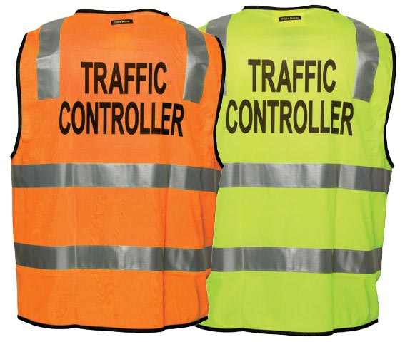 Vest – Polyester TRAFFIC CONTROLLER Print Prime Mover Zip Front Taped HI  VIS D/N